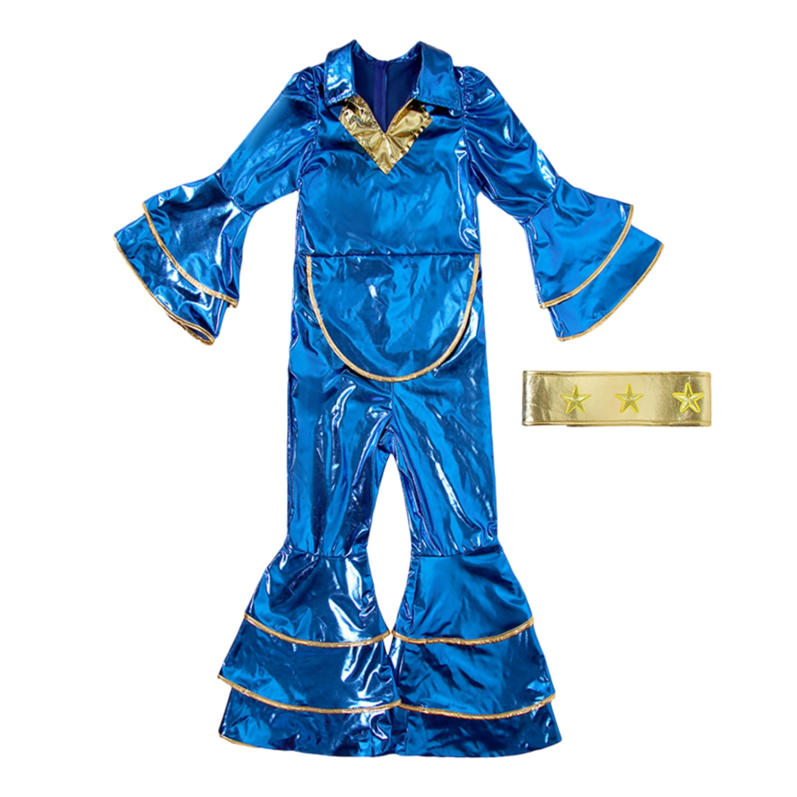 Tenues de danse hip-hop pour filles, costume disco bleu brillant, années 70, années 80, hippie, haut à manches cloche bleu, pantalon évasé, tenue d'Halloween