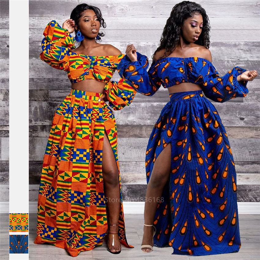 Robes africaines pour femmes, ensemble 2 pièces, manches longues, épaules dénudées, imprimé Dashiki, jupes fendues, vêtements Africna, automne