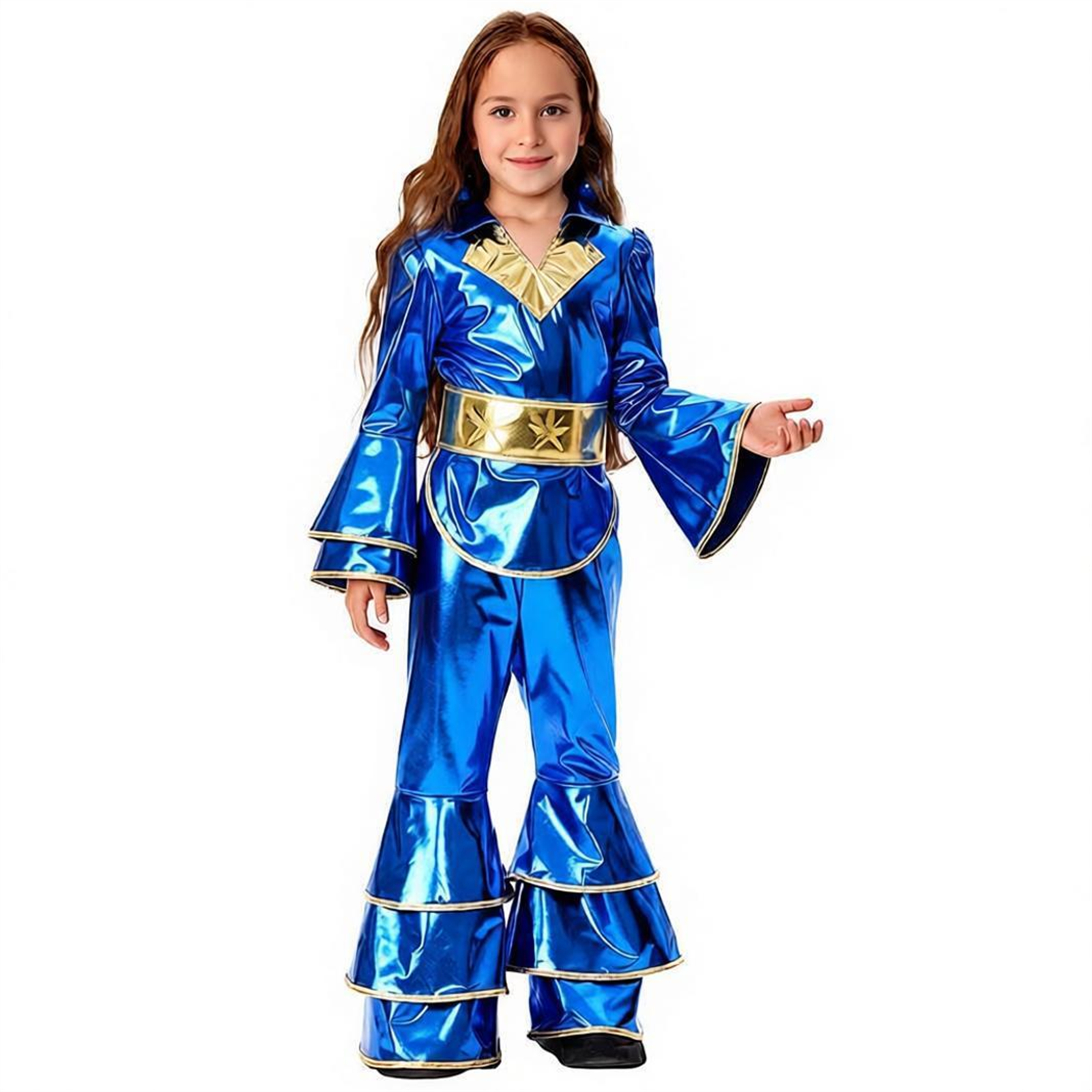 Tenues de danse hip-hop pour filles, costume disco bleu brillant, années 70, années 80, hippie, haut à manches cloche bleu, pantalon évasé, tenue d'Halloween