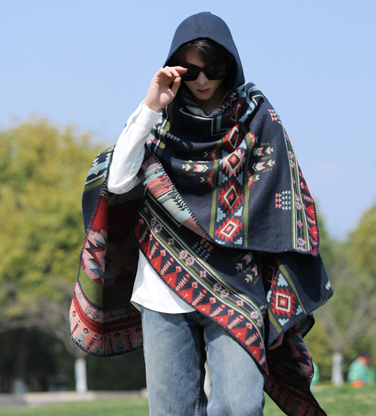 Poncho Homme Style Alpaga Imitation Cachemire, Coupe-Vent Ethnique Polyvalent, Cape Chaude de Voyage Détachable pour les Vacances, Cape Tendance P1