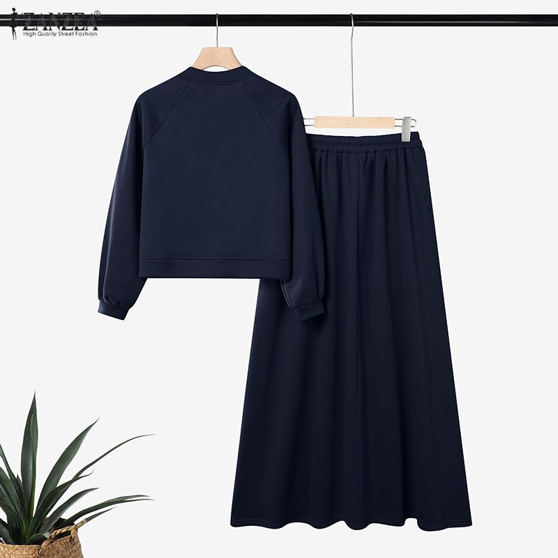 ZANZEA 2026 Tenues de printemps Blouse à manches longues et jupe Ensemble de mode pour femmes 2 pièces Ensembles de vestes à fermeture éclair Robe longue Ensemble assorti musulman