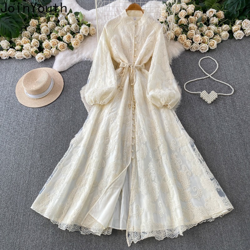 Robes Tunique Vintage pour Femme à Manches Longues, Taille Cintrée, Col Montant, Broderie Dentelle, Robe Longue Maxi 2026