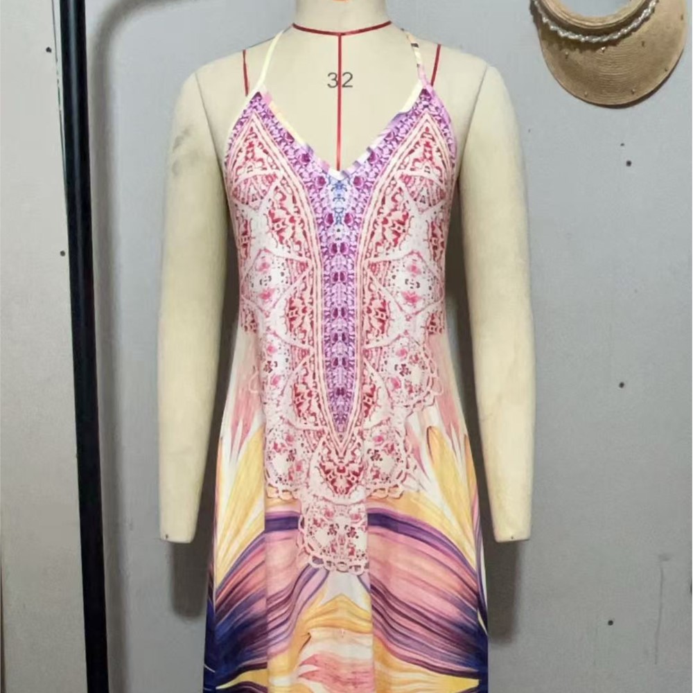 Robe longue décontractée et élégante, style bohème, imprimé, col halter, dos nu, col en V, sans manches, taille mi-haute