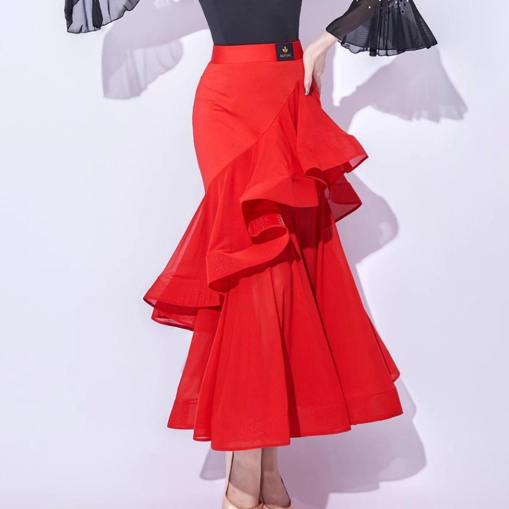 Jupe de danse de salon rouge, jupe de danse moderne noire à volants, nouvelle robe de danse moderne, jupe d'entraînement, robe de scène pour femme