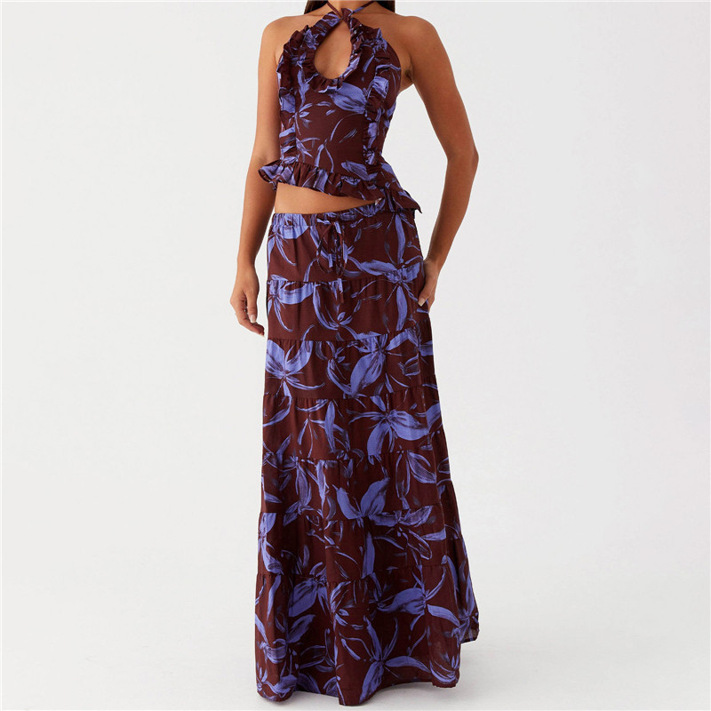 Ensemble jupe longue pour femmes Y2k, à volants, cravate au dos, sans manches, dos nu, haut col licou, jupe longue, vacances d'été, plage, tenues 2 pièces