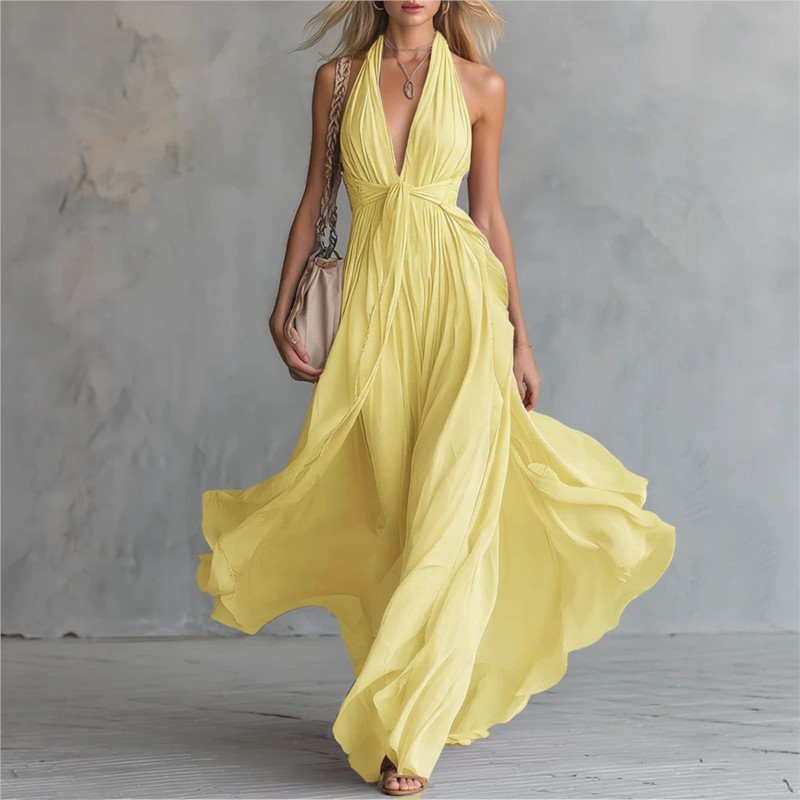 Nouvelle Robe d'été 2026 pour Femme, Col en V, Taille Cintrée, Couleur Unie, Sexy, Élégante, Tendance Haut de Gamme, Sans Manches, Vestidos