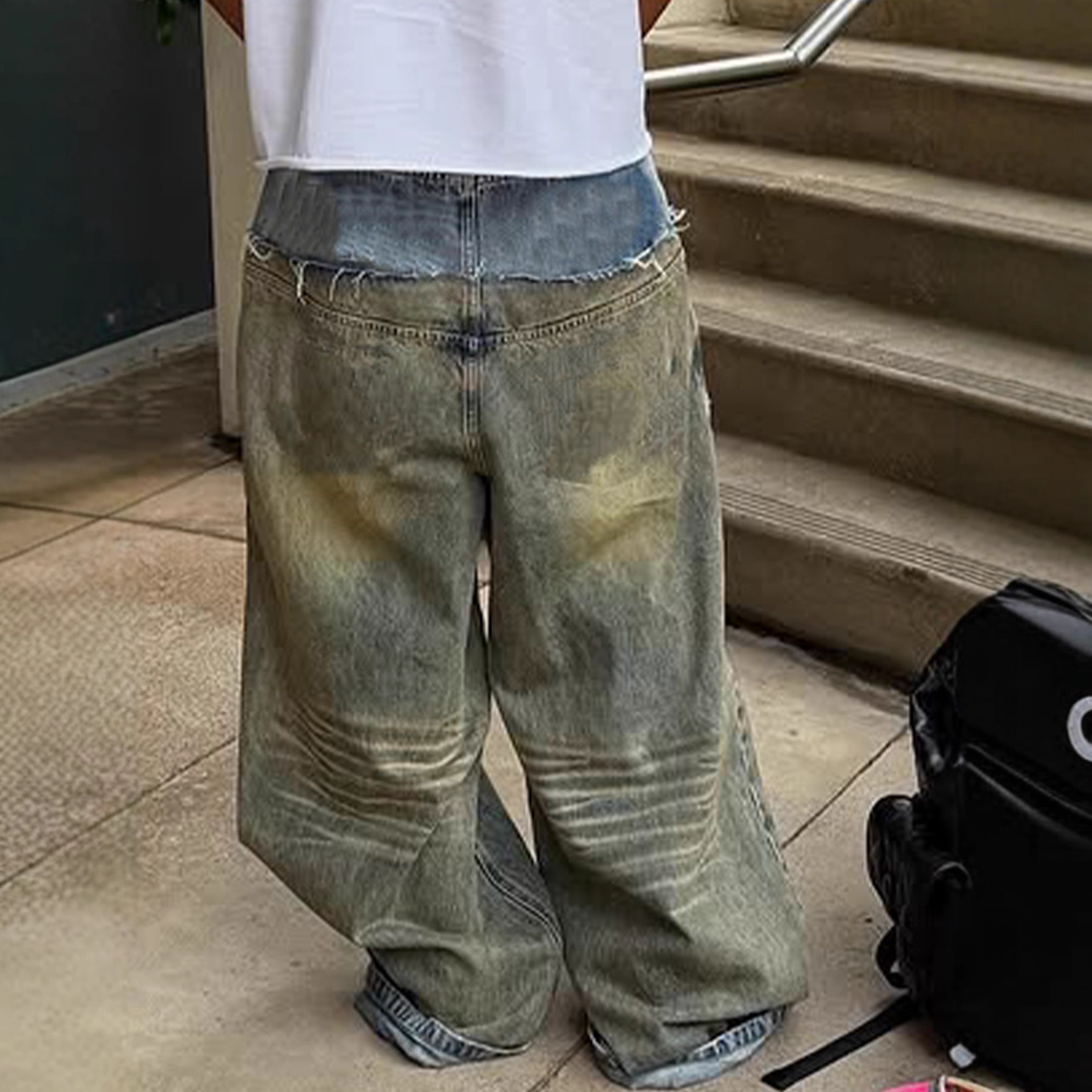Hommes ample épissé décontracté quotidien à la mode jambe large Denim pantalon européen américain nouvelle mode mâle jean pantalon bas vêtements