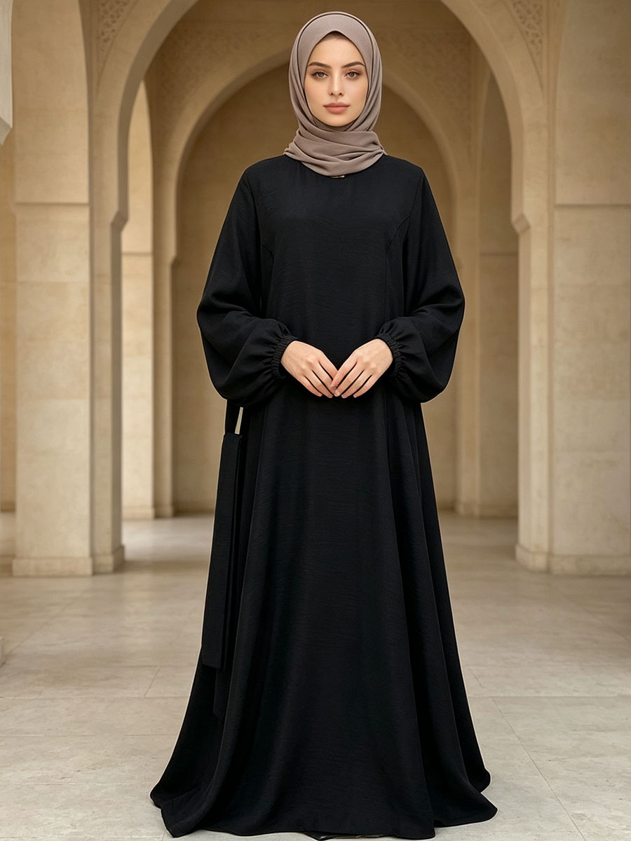 Robe Abaya musulmane pour femmes, robe maxi à manches longues bouffantes avec ceinture, robe de prière islamique modeste, kaftan, tenue pour l'Aïd et le Ramadan