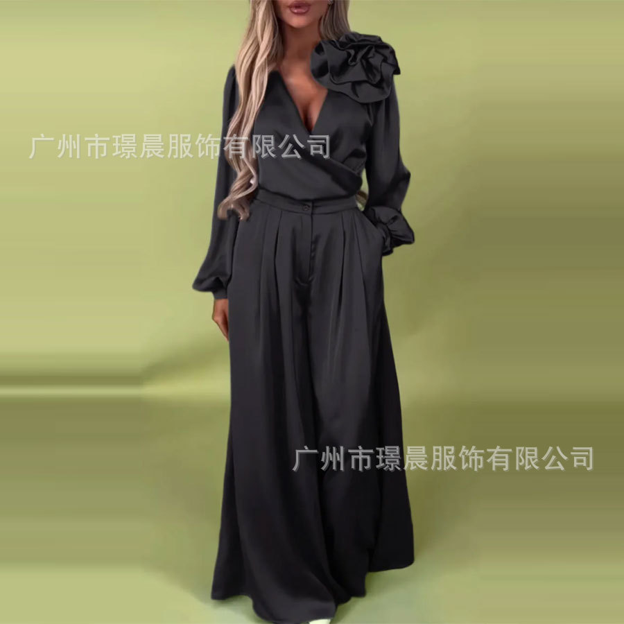 Mode 2 pièces ensemble femmes tenue 2025 Apring été décontracté à manches longues col en v Blouse et jambe large pantalon ensembles femme