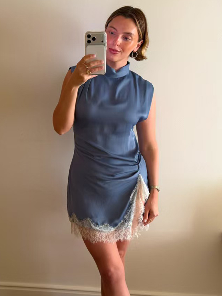 Robes Courtes en Dentelle pour Femme, Robe Moulante Sexy sans Manches avec Fente, Mini-Robe Bleue d'Été, Robe Plissée Élégante Décontractée pour Femme