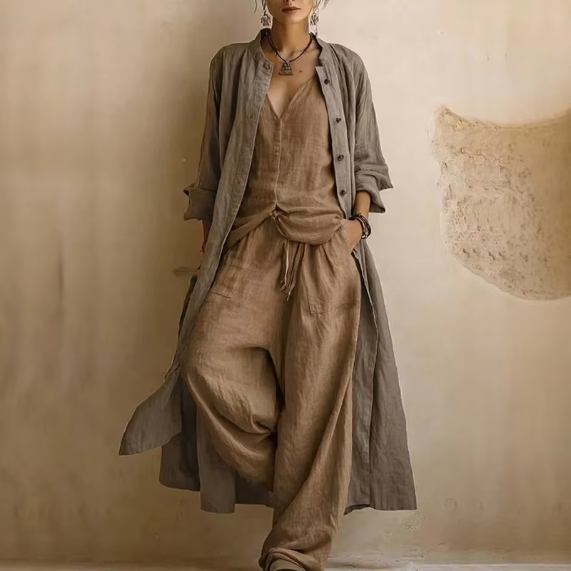 Ensemble 3 pièces pour femme en coton et lin, imprimé tendance, coupe ample, avec haut sans manches sexy à col en V, pantalon long et cardigan