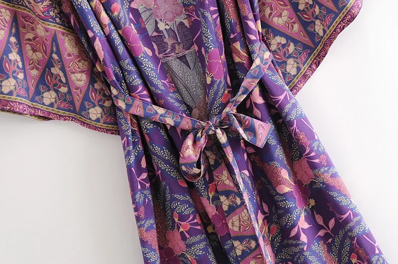 Kimono Vintage Chic pour femmes, imprimé Floral, ceinture, bohème, col en V, manches chauve-souris, rayonne, Maxi Robe, Cover-up