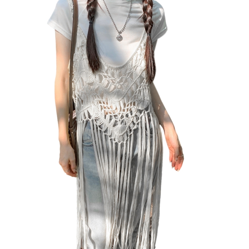 Femmes longue frange glands débardeur évider Crochet tricot sans manches fluide T-Shirt longue robe plage couvrir 066C