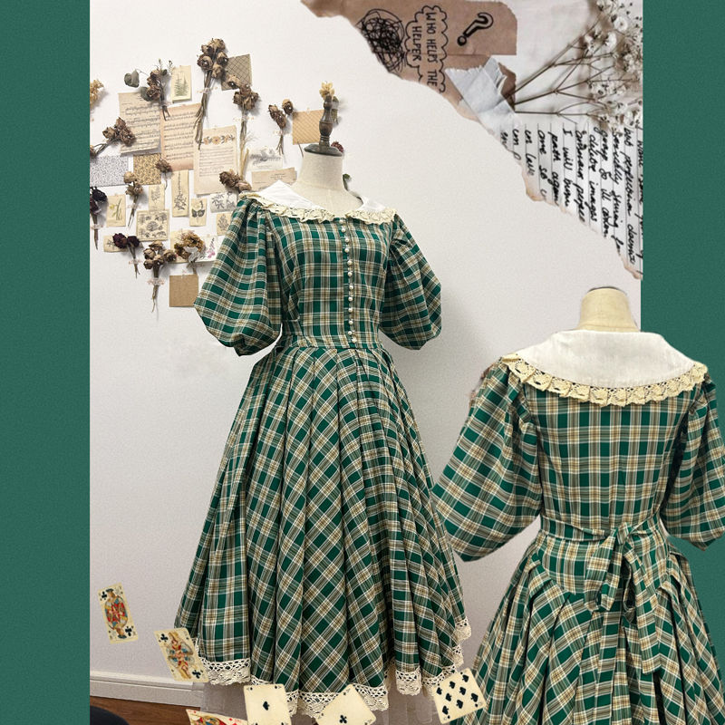 MAGOGO – robe longue plissée en dentelle pour femmes, taille Maxi, Style français rétro vert, élégante, bulle, manches courtes, amincissante, Plaid, été