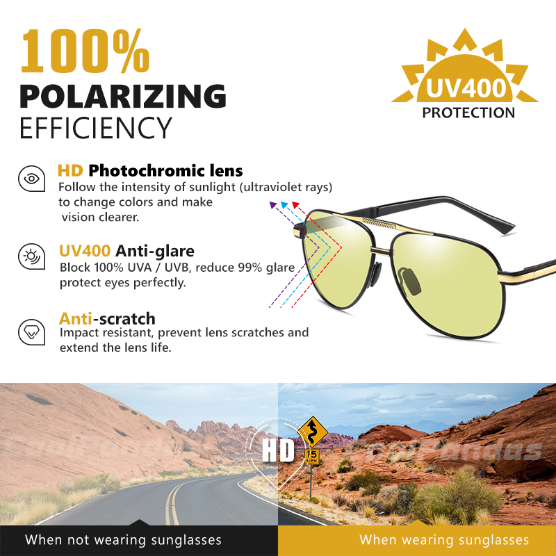 Lunettes de soleil pilote pour hommes lunettes polarisées photochromiques femmes caméléon lunettes de conduite lentille Anti-éblouissement UV400 gafas de sol hombre