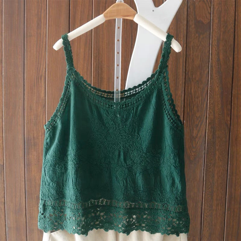 Débardeur Camisole en coton Crochet ajouré pour femmes, Style Boho, dentelle fine brodée, hauts sans manche, T-shirt gris vert, été