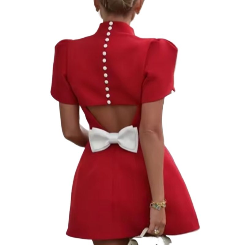 Mini jupe élégante à col mi-haut pour femme, robe de soirée blanche, nœud tridimensionnel, dos creux, robe courte, été