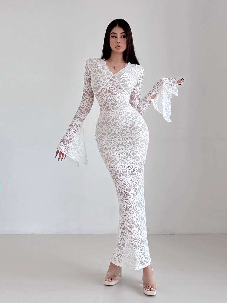 Robe longue en dentelle, Sexy, décolleté en V profond, manches évasées, élégante, ajourée, manches longues, col en V, maille transparente pour femmes, 2025 B6RN