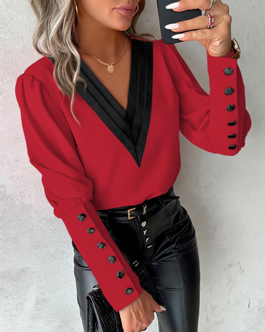Bureau dames col en v bouton chemise Blouse printemps automne mode couleur correspondant à manches longues chemises pour femmes 2024 hauts blancs Femme