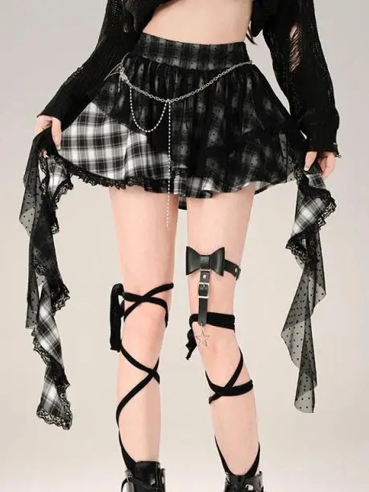 Harajuku Y2K jupe à carreaux femmes Vintage Streetwear taille haute gothique Mini jupes rétro dentelle Patchwork Style Punk dame jupe nouveau