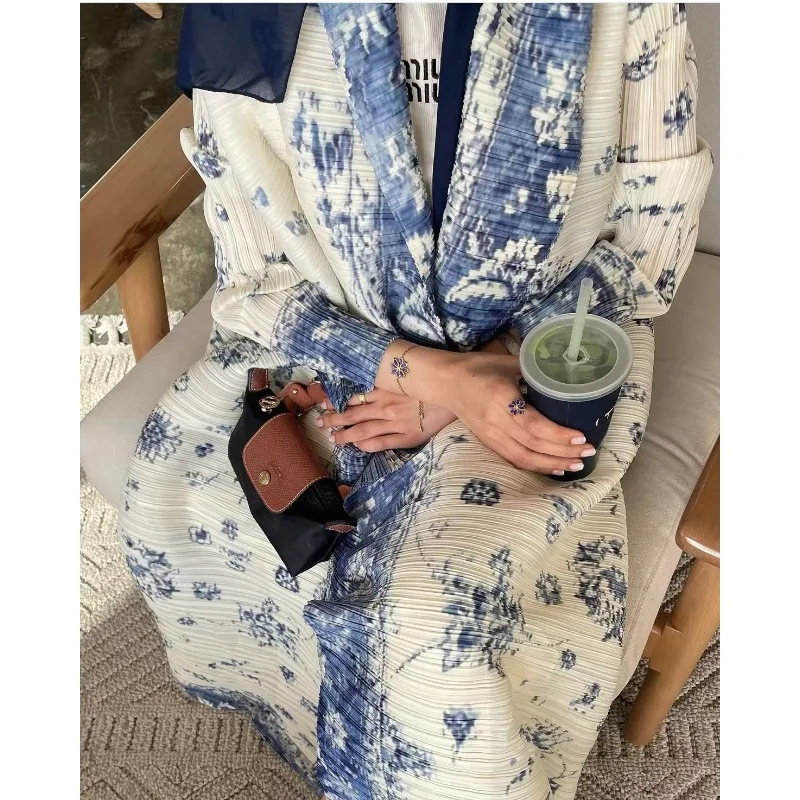 Abaya-Robe longue plissée pour femmes saoudiennes, robe de vacances, veste, péplum, blanc, imprimé haut de gamme, tempérament, décontracté, élégant, mode