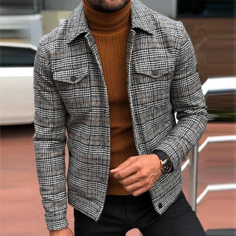 Veste à la mode pour hommes, manteau fin à carreaux, col rabattu, simple boutonnage, vêtements d'extérieur décontractés, printemps-automne