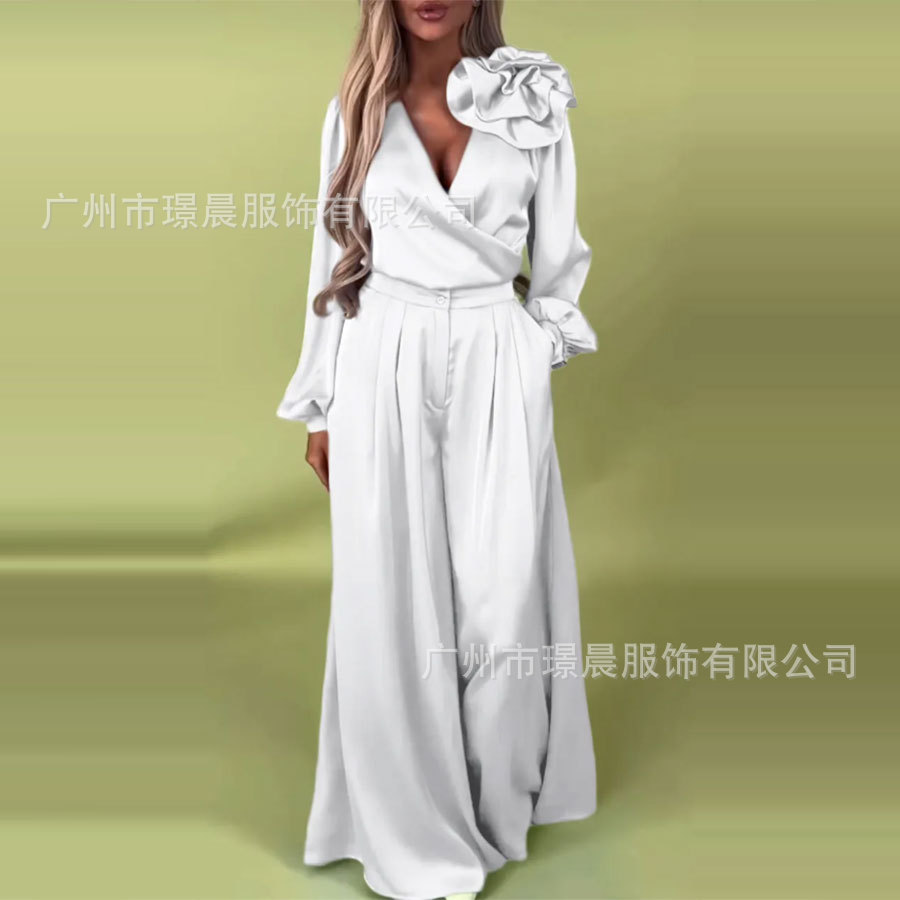 Mode 2 pièces ensemble femmes tenue 2025 Apring été décontracté à manches longues col en v Blouse et jambe large pantalon ensembles femme