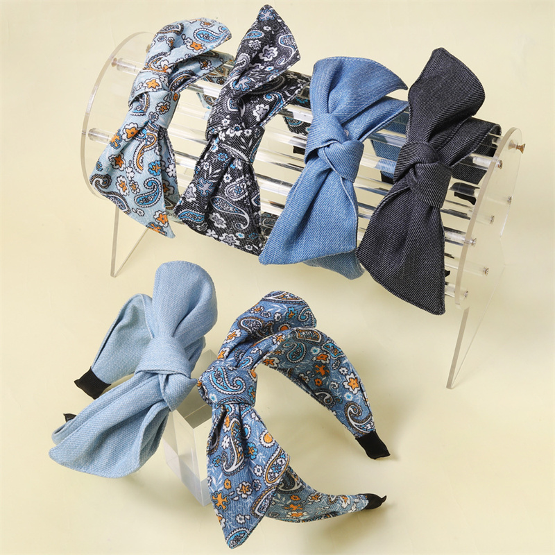 Serre-têtes en tissu denim imprimé cachemire vintage avec nœud pour femmes et jeunes filles, pour le quotidien, le shopping et les soirées