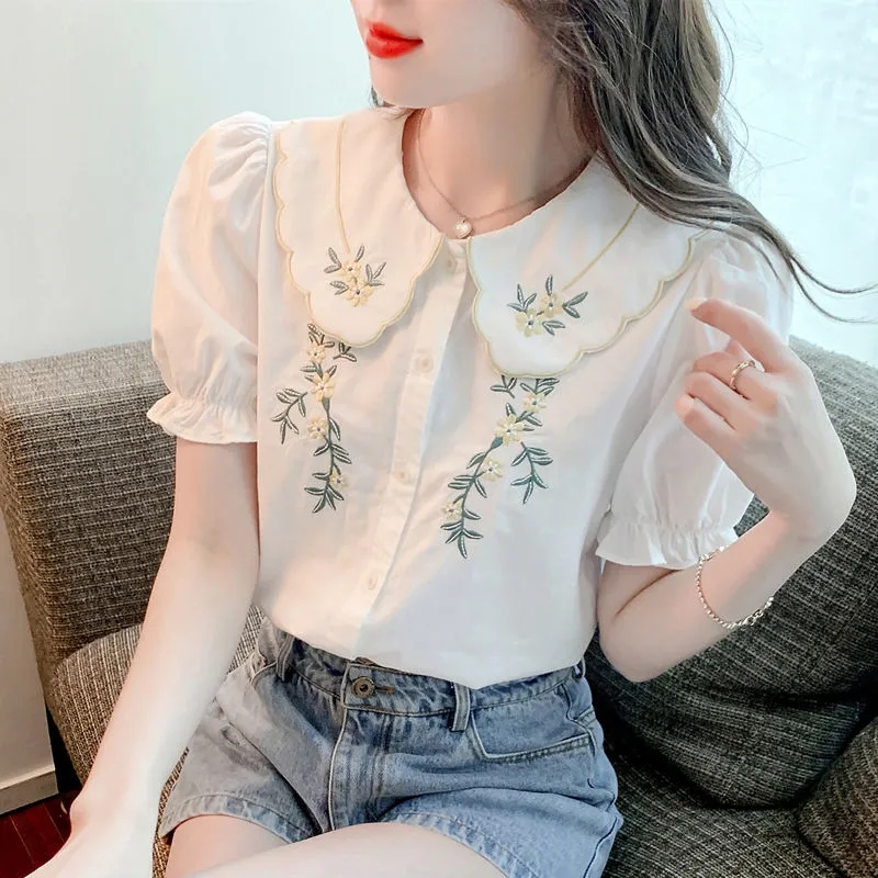 Chemisier Brodé à Manches Courtes pour Femme, Chemise Confortable, Solide, Document Polyvalent, Tempérament, Collection Printemps Été 2025