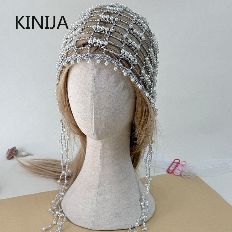 Élégant Bonnet Turban Creux pour Femme, Fait Main avec Chaîne Métallique et Pompon de Perles, Style Niche Tendance, Chapeau Foulard Polyvalent à Enfiler