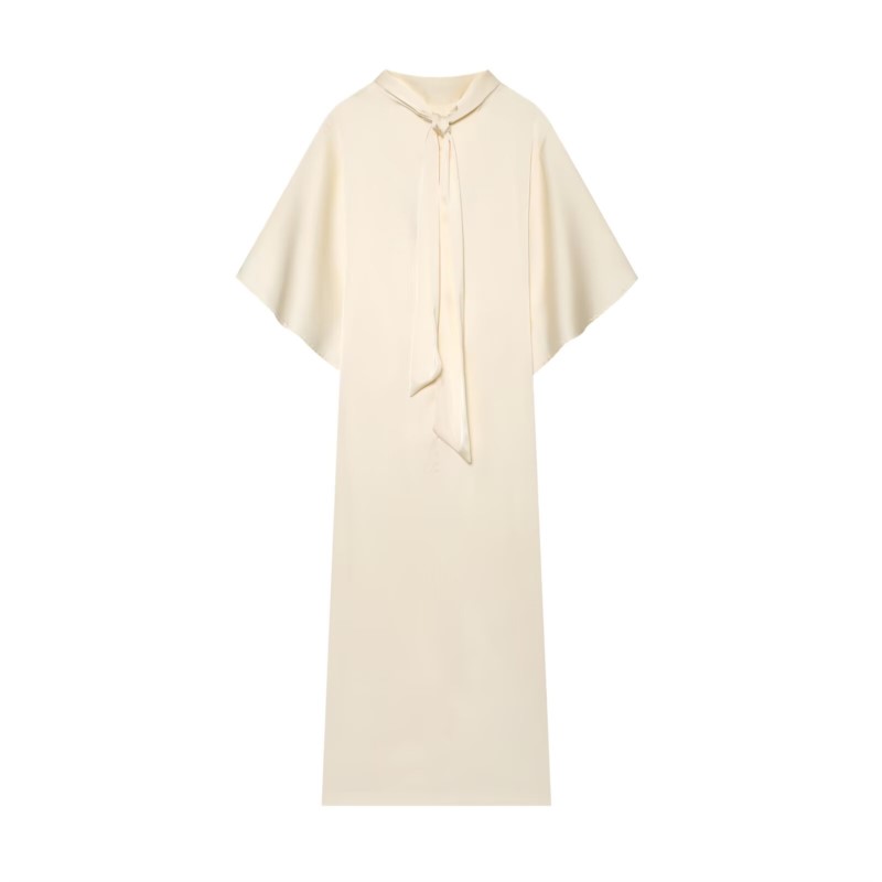 Robe midi fluide pour femme, été 2026, col montant, manches courtes cape, élégante, décontractée, couleur unie