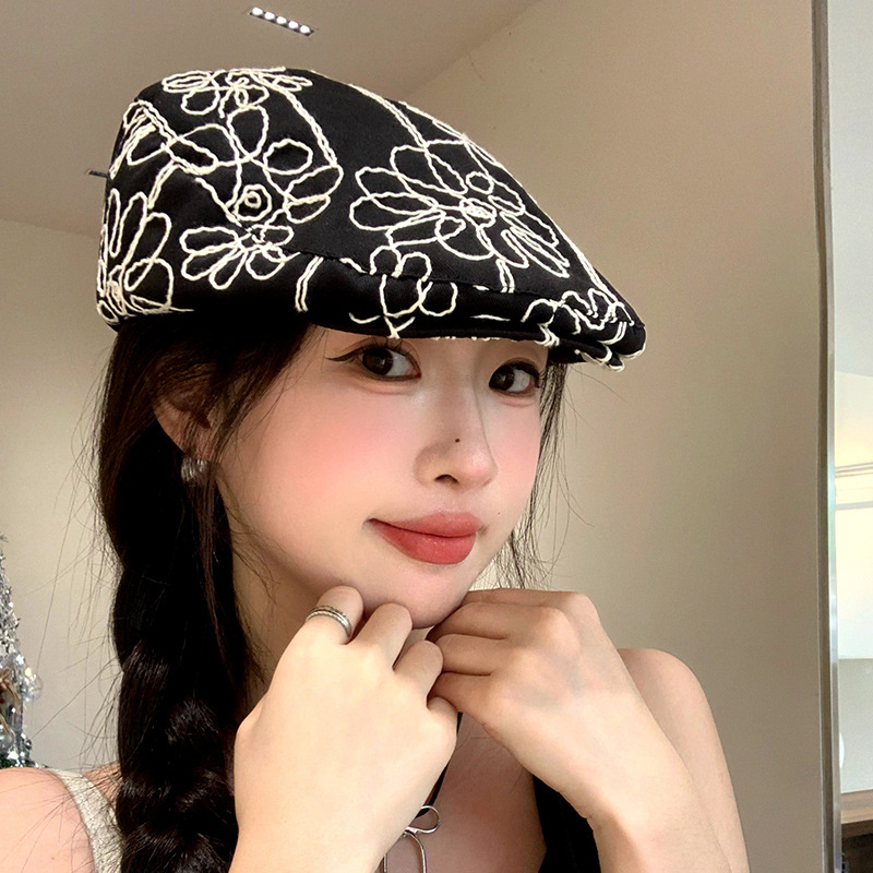 Casquette de gavroche en coton sergé pour femmes et filles, chapeau de panneau de lecture, casquettes de boulanger pour dames, grands chapeaux rétro, béret noir Boina