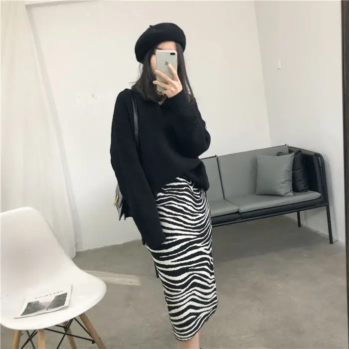 Jupe tricotée couvrant les hanches pour femmes, automne et hiver, droite, Style coréen, taille haute, motif zèbre, fente Double couche