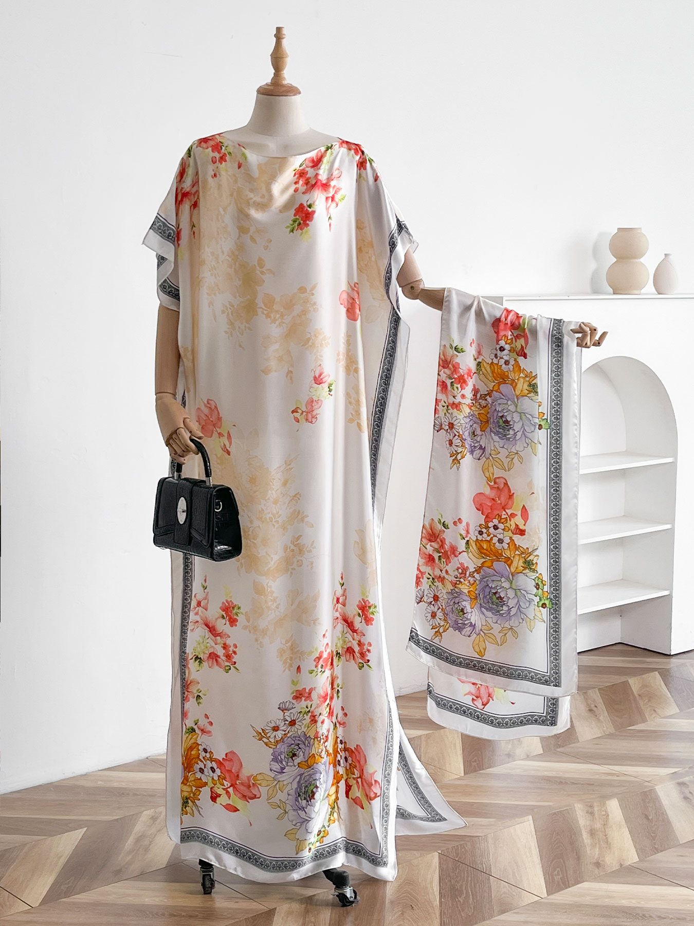 Ensemble abaya et foulard en satin à imprimé floral pivoine vintage, kaftan maxi ample à manches chauve-souris pour femmes musulmanes, idéal pour les vacances d'été et le quotidien