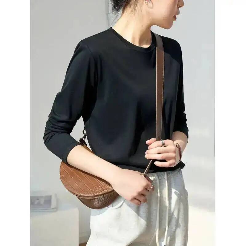 T-shirt à manches longues en coton et soie de mûrier pour femmes, 6% de soie, col rond, col en V, lisse, basique, ample