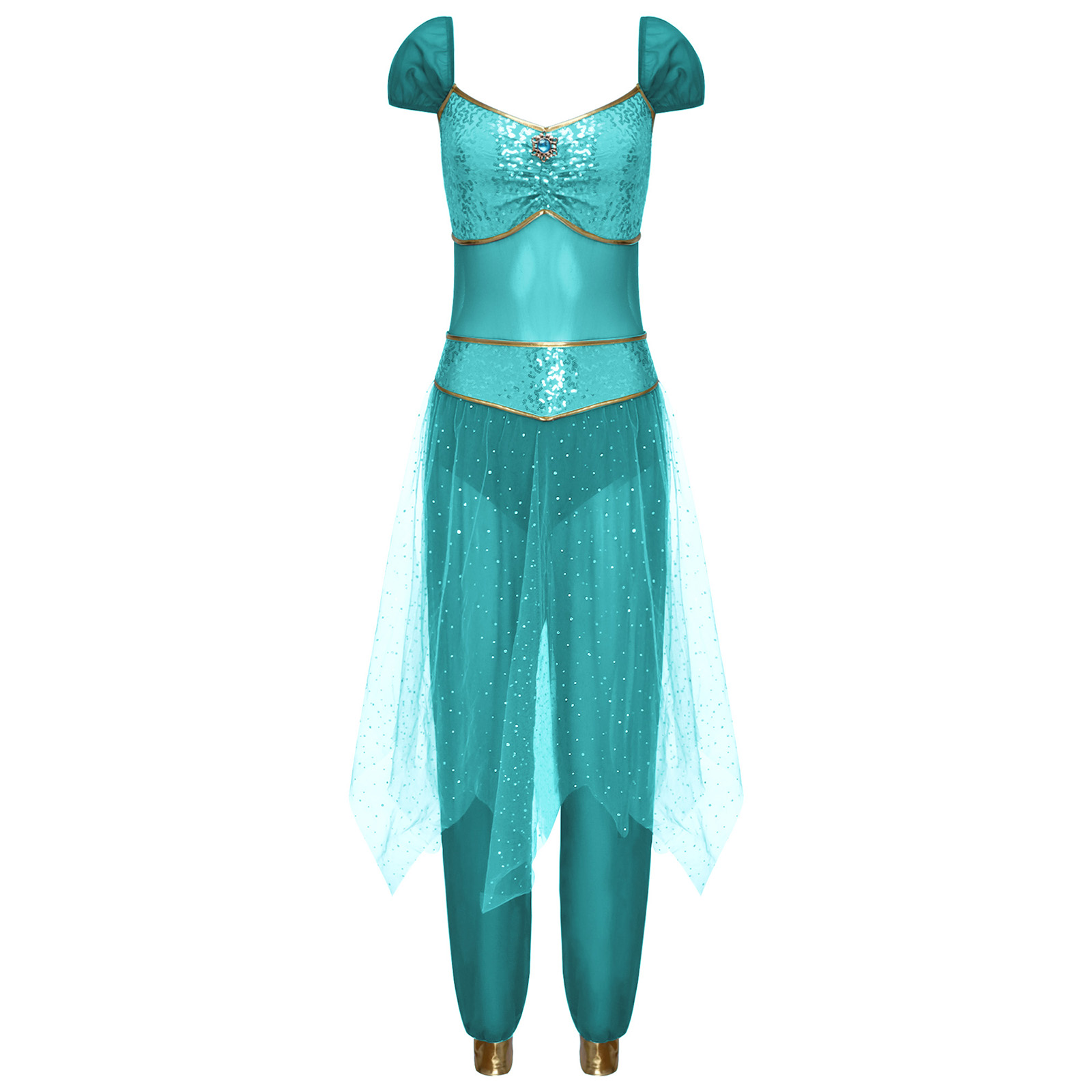 Costume de princesse arabe pour femmes, Halloween, carnaval, Aladiner, tenue de fête à thème Jasmines, barboteuse en Tulle à paillettes, combinaison de danse du ventre