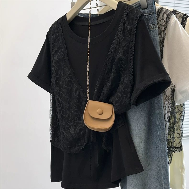 Vêtements pour femmes grande taille, nouvelle collection été, coupe ample et légère, design cache-tout, t-shirt à manches courtes avec empiècements en dentelle, effet deux pièces