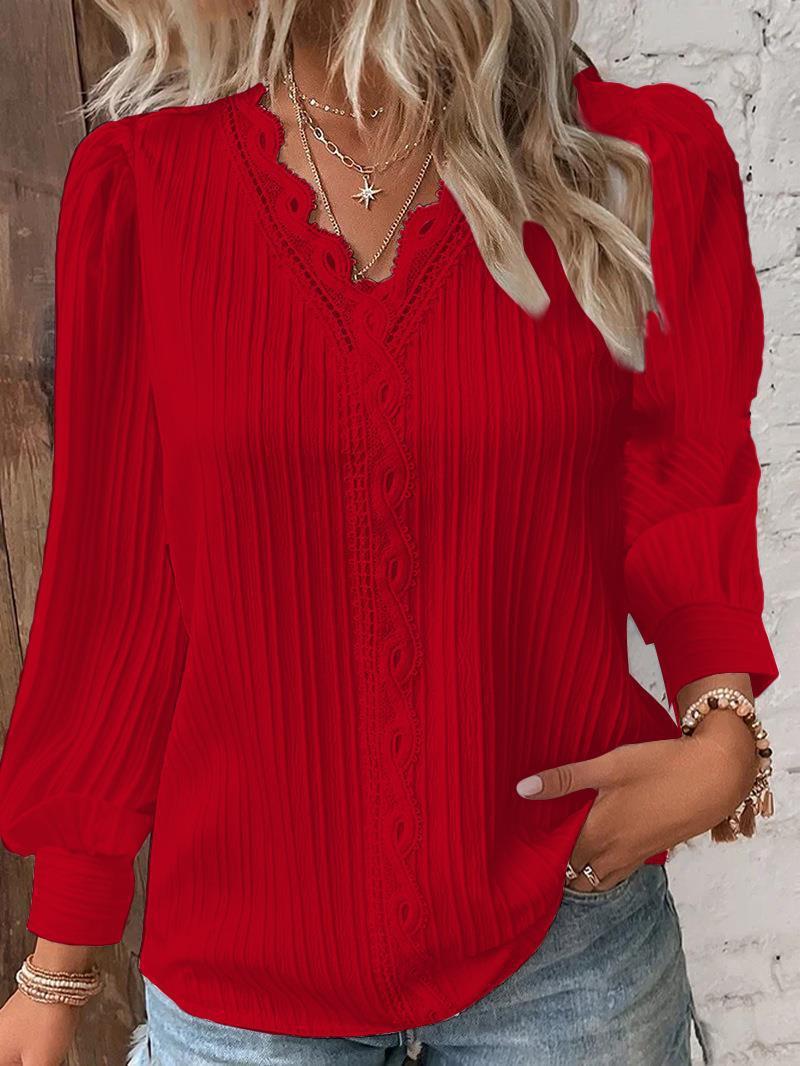 T-shirt à manches longues pour femmes, col en V, coutures en dentelle, monochromatique, bureau, élégant, décontracté, coréen, haut, t-shirts