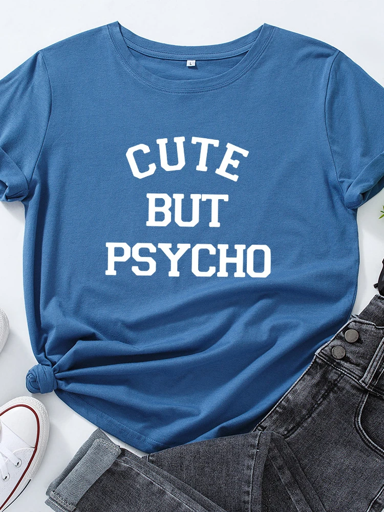 Mignon mais Psycho lettre imprimer femmes t-shirt à manches courtes col rond lâche femmes t-shirt dames t-shirt hauts vêtements Camisetas Mujer