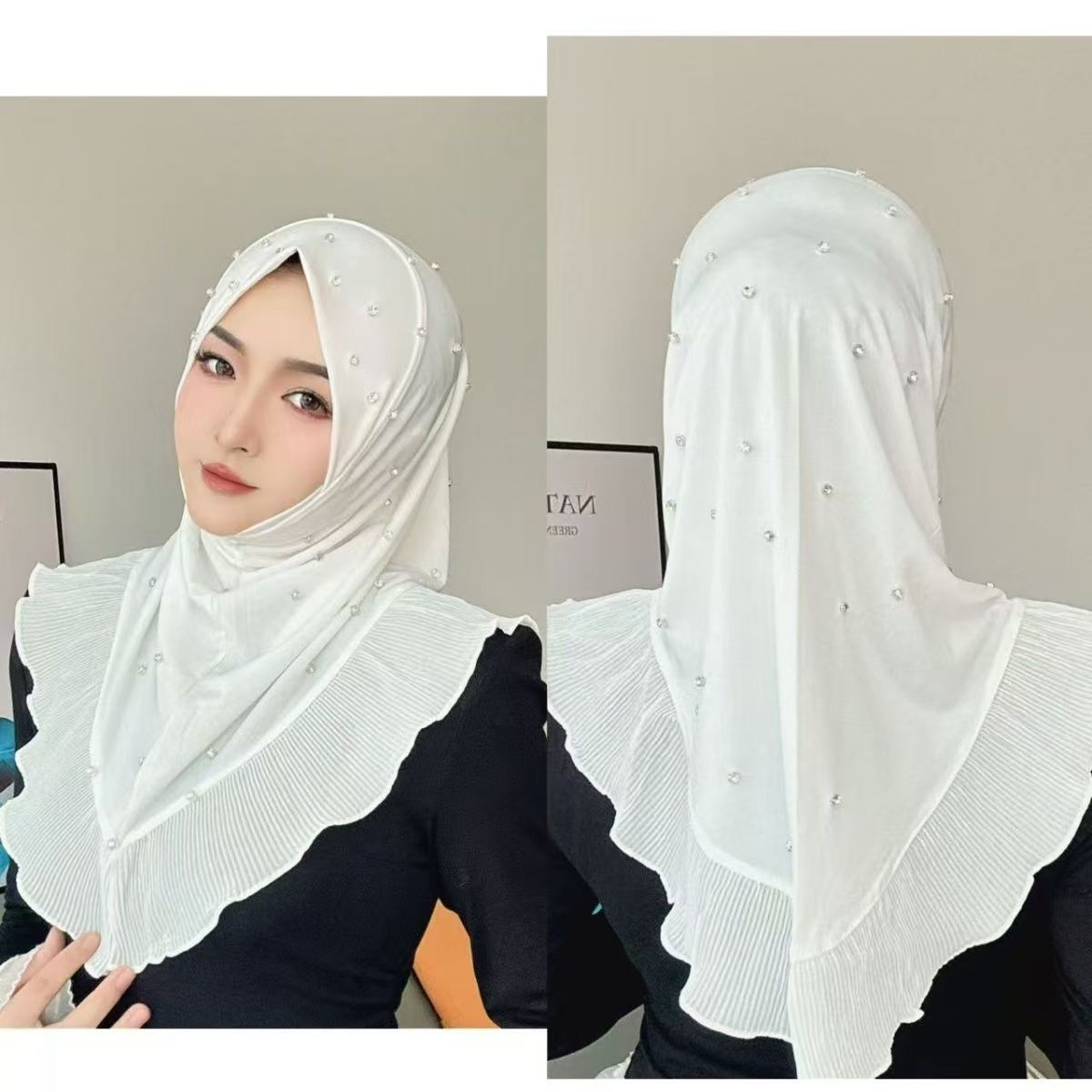 Hijabs pour femmes musulmanes café rose avec perles foulard de prière Eid soirée luxe malaisie Islam fille écharpe d'extérieur
