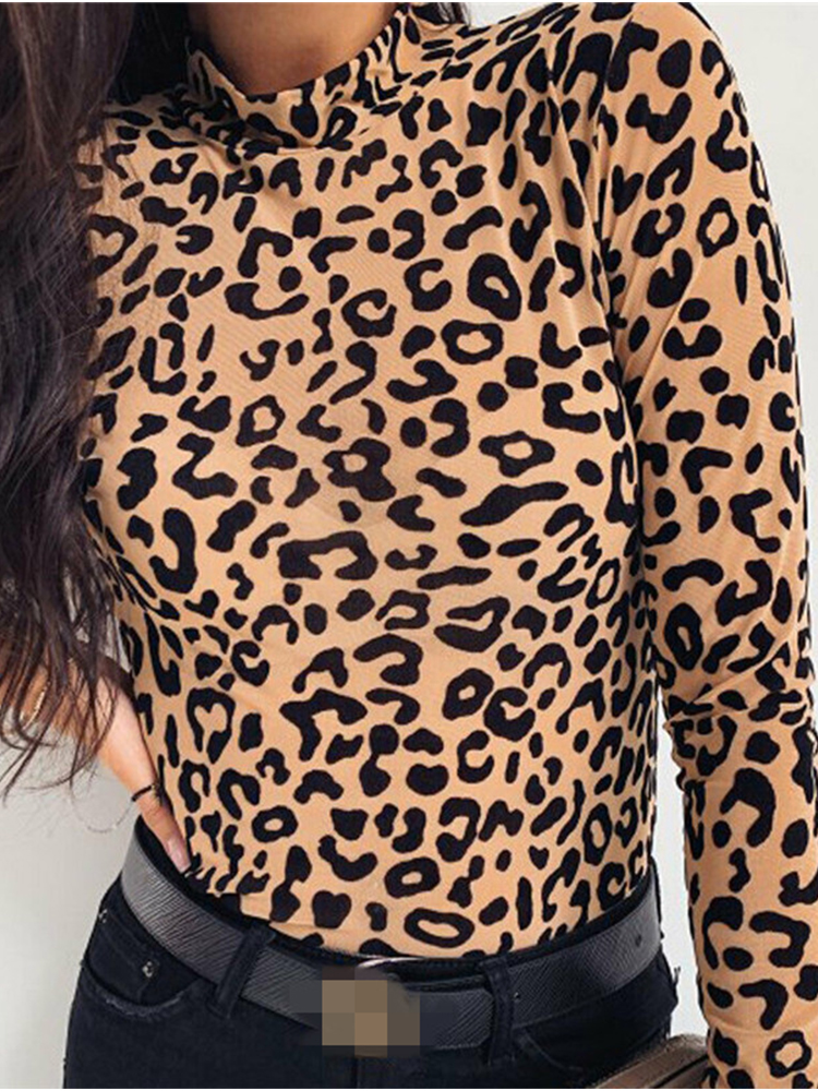 Femmes Blouses mode imprimé léopard col roulé Blouse automne à manches longues chemises fête dames vêtements femmes Blouses et hauts
