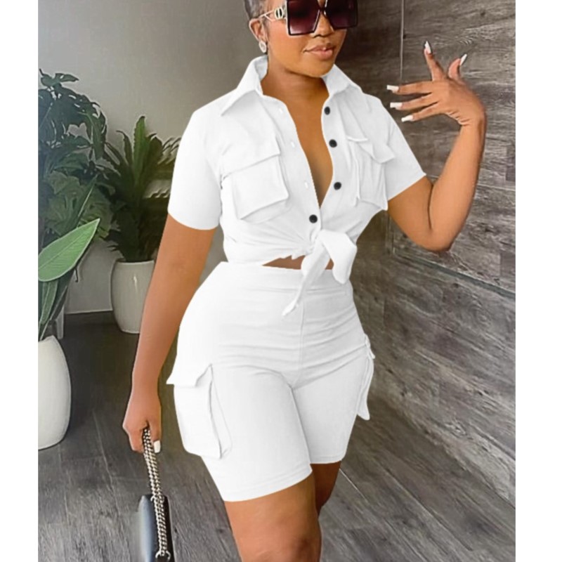 Ensemble deux pièces pour femmes, tenue d'été, mode, couleur unie, col rabattu, chemises à manches courtes, haut et poches décontractées, ensembles Streetwear
