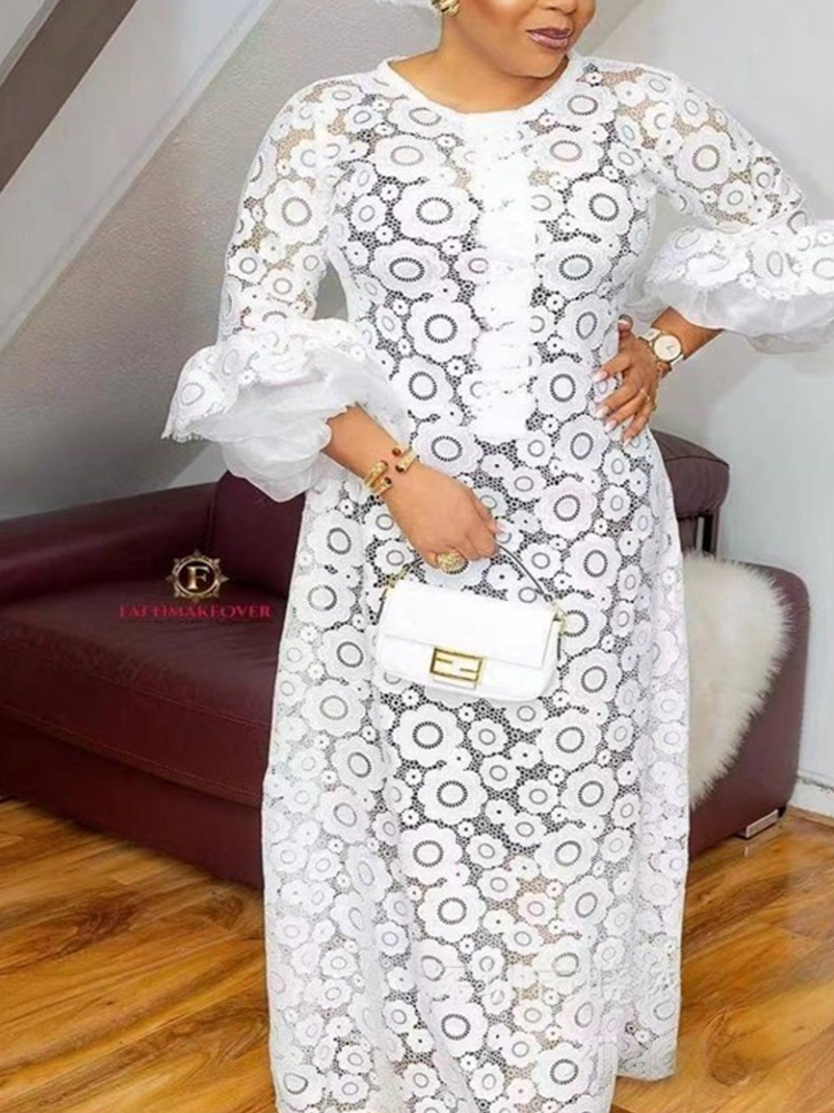 Robe longue droite élégante pour femmes, robe d'été grande taille avec manches papillon, robe longue blanche à lacets transparents, Vintage