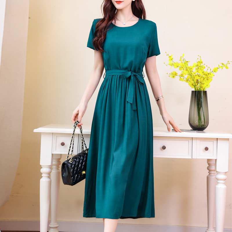 Nouvelle mode robes d'été pour les femmes 2025 élégant décontracté à manches courtes robe Midi couleur unie femmes vêtements