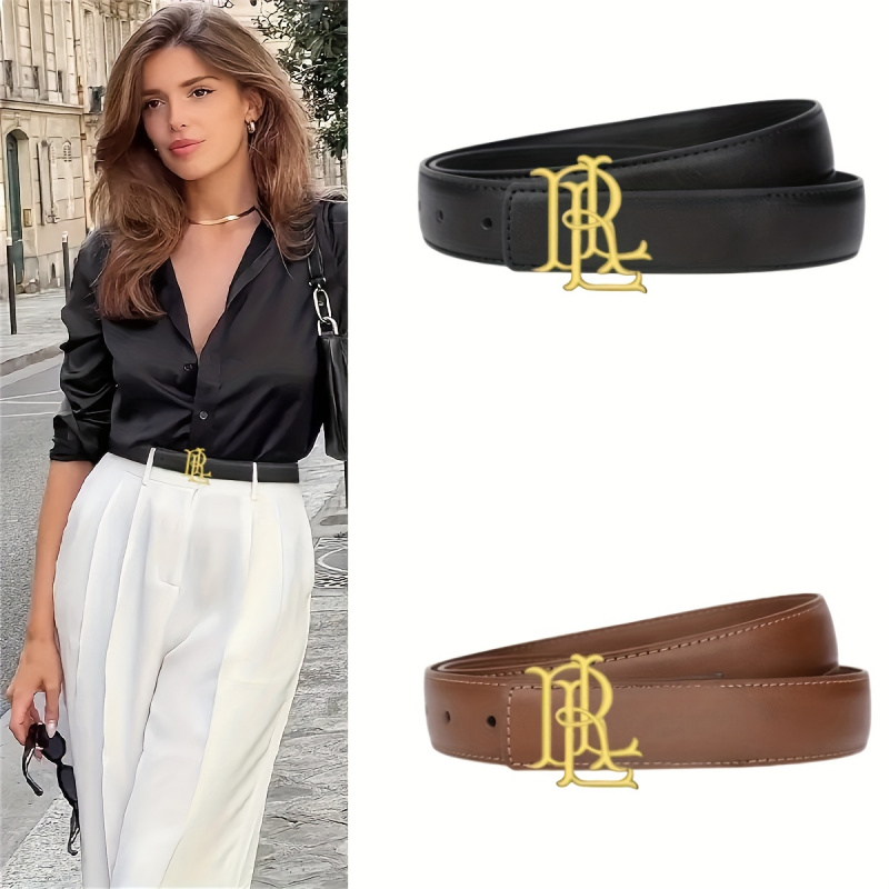 Ceinture élégante pour femme, marron et noir, avec boucle dorée à lettres, accessoire de mode polyvalent pour robes décontractées et formelles