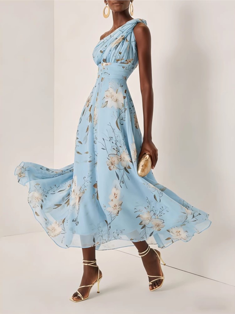 Nouvelles Robes 2026 pour Femme – Élégante Robe de Soirée Asymétrique à Imprimé Floral, Sans Manches, Confortable et Style Simple