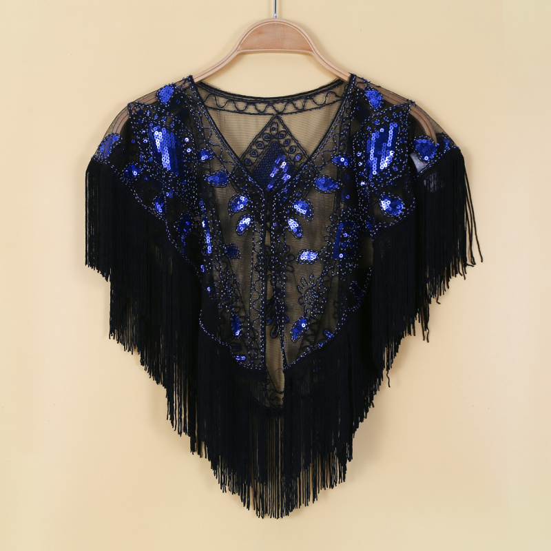 Gland Patchwork col en v Cardigans femmes Vintage châle fête dîner haut écharpe châles maille perlée cape paillettes Capelet franges