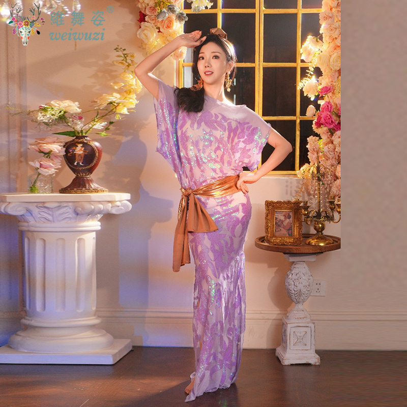Robe de danse orientale pour femmes, costume de scène Shaabi Baladi Saidi, robe à paillettes + foulard + harnais de danse orientale