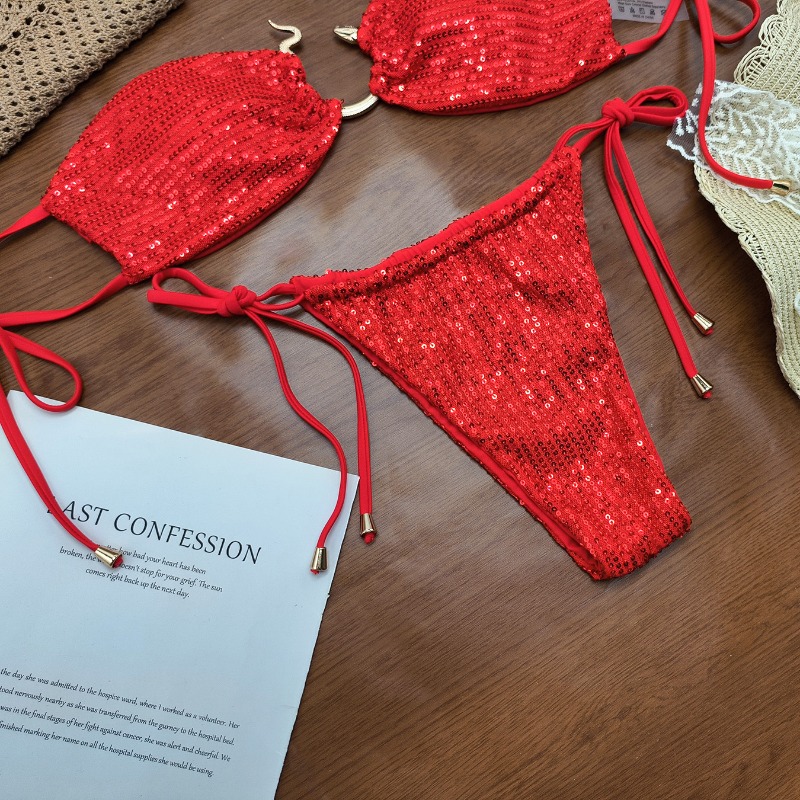 Ensemble de bikinis deux pièces brillants pour femmes, maillot de bain de fête sexy avec haut dos nu et bas triangle