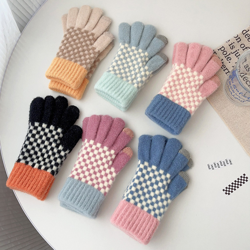 Gants en laine tricotés pour écran tactile pour femmes, garde au chaud, mignon, joli treillis à la mode, épais, haute qualité, Protection contre le froid, hiver